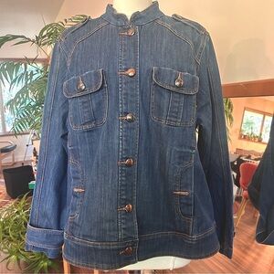 Seven7 Blue Denim Military Style Jacket Women Size 18/20 Stretch 4 Pockets PLUS